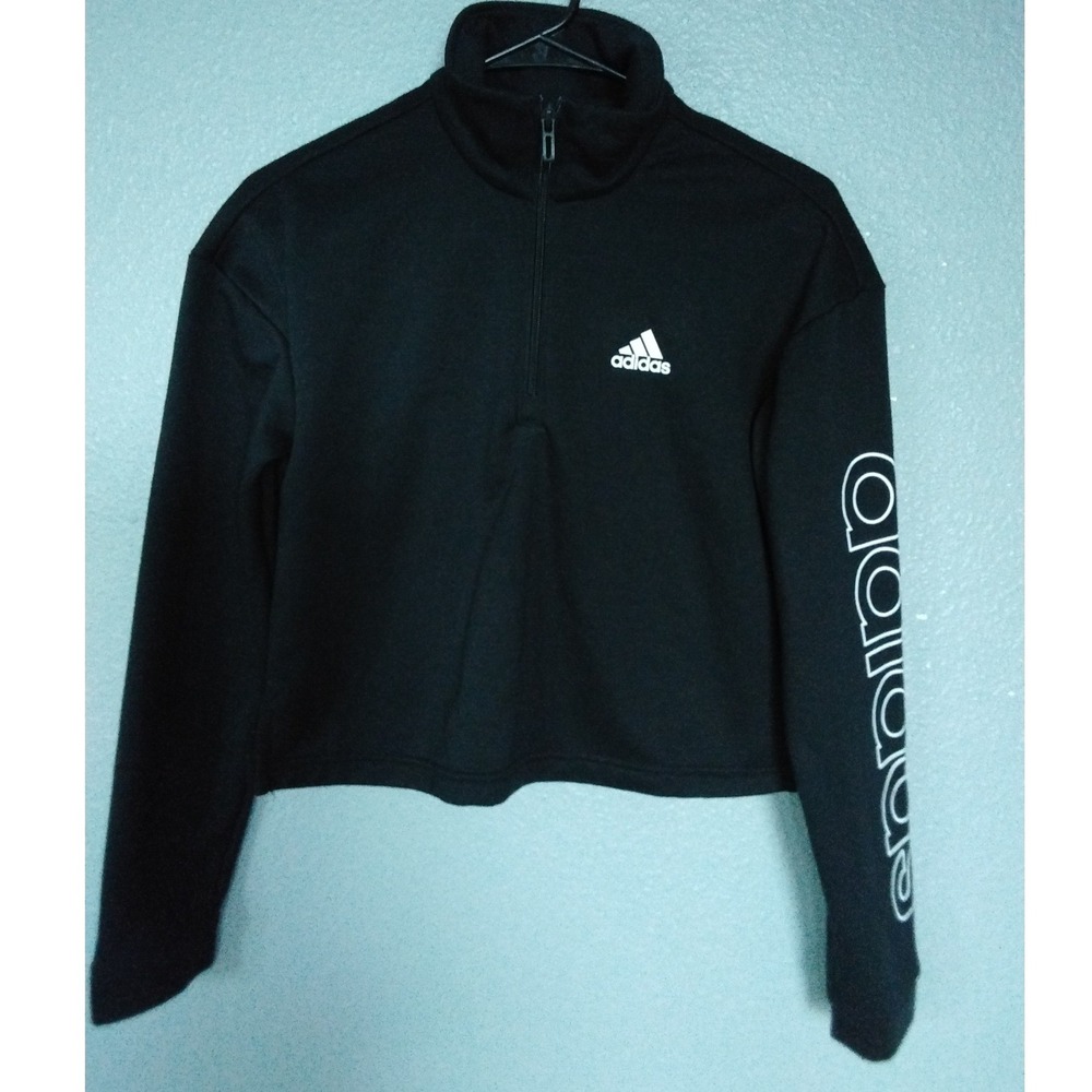 Adidas Womens Black Quarter Zip Cropped Pullover Sweatshirt Sleeve Logo XS
